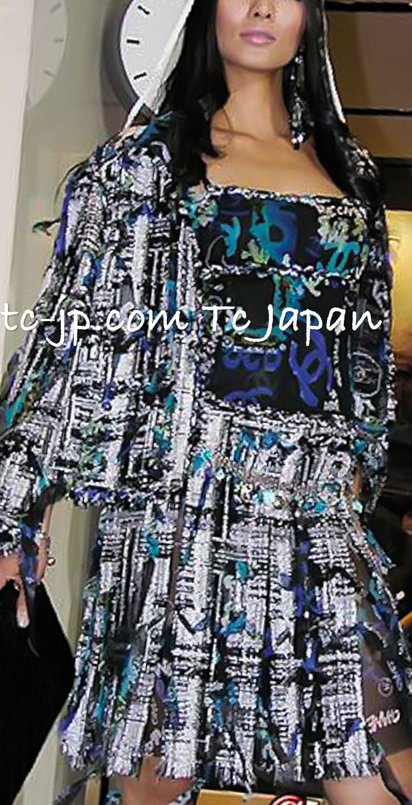 CHANEL 07C Black Blue Graffiti Tweed Dress 34 36 38 シャネル ブラック ブルー グラフィティ ツイード ワンピース 即発