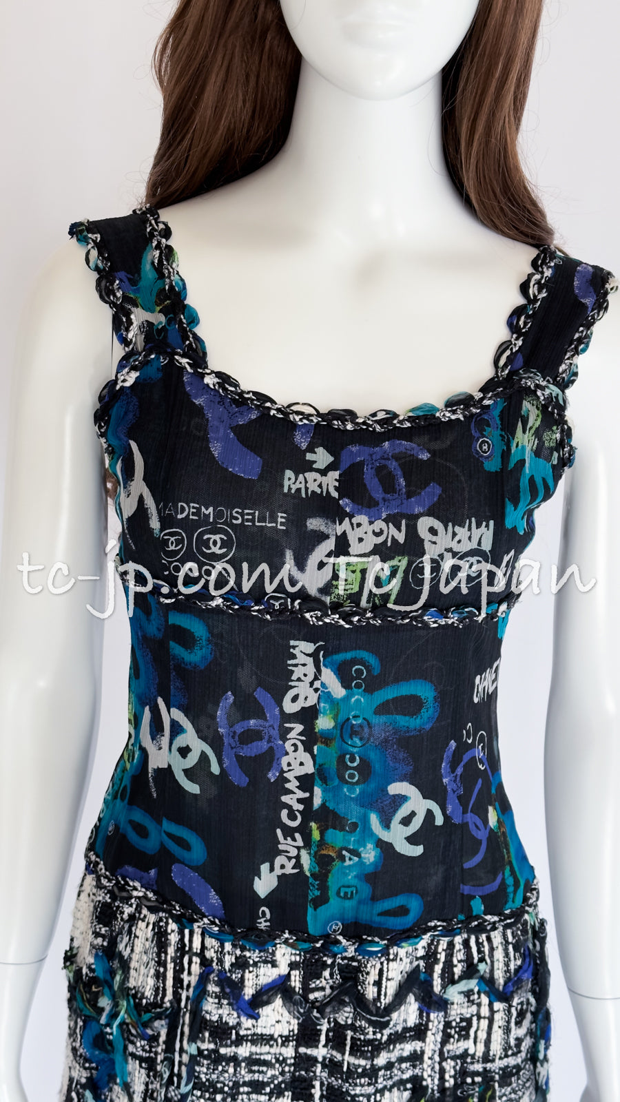 CHANEL 07C Black Blue Graffiti Tweed Dress 34 36 38 シャネル ブラック ブルー グラフィティ ツイード ワンピース 即発