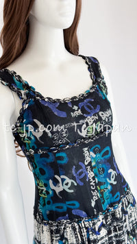 CHANEL 07C Black Blue Graffiti Tweed Dress 34 36 38 シャネル ブラック ブルー グラフィティ ツイード ワンピース 即発
