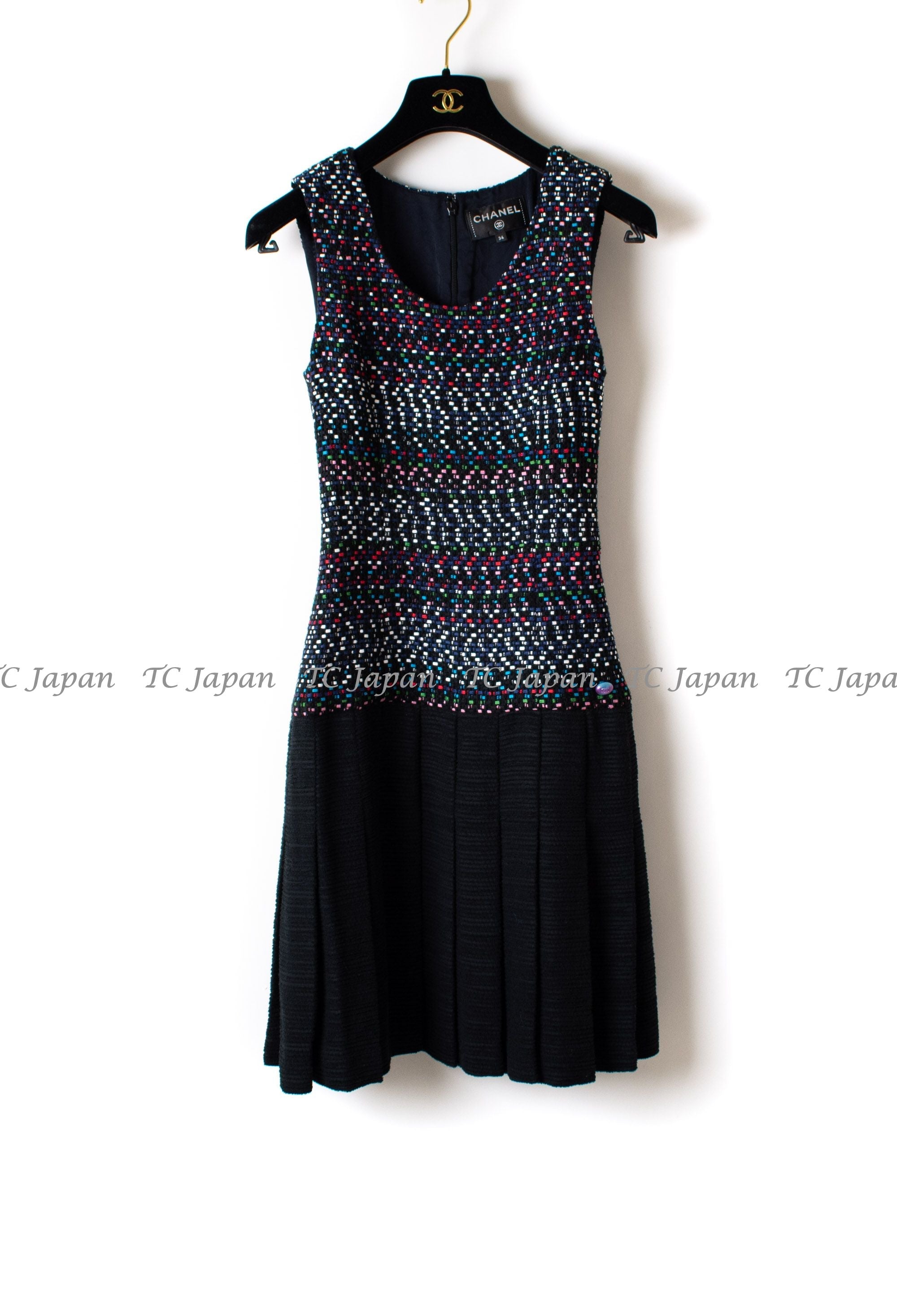 CHANEL 17PS Black Navy Multicolor Cotton Dress 34 シャネル ブラック ネイビー マルチカラー コットン ワンピース キャサリン妃 即発