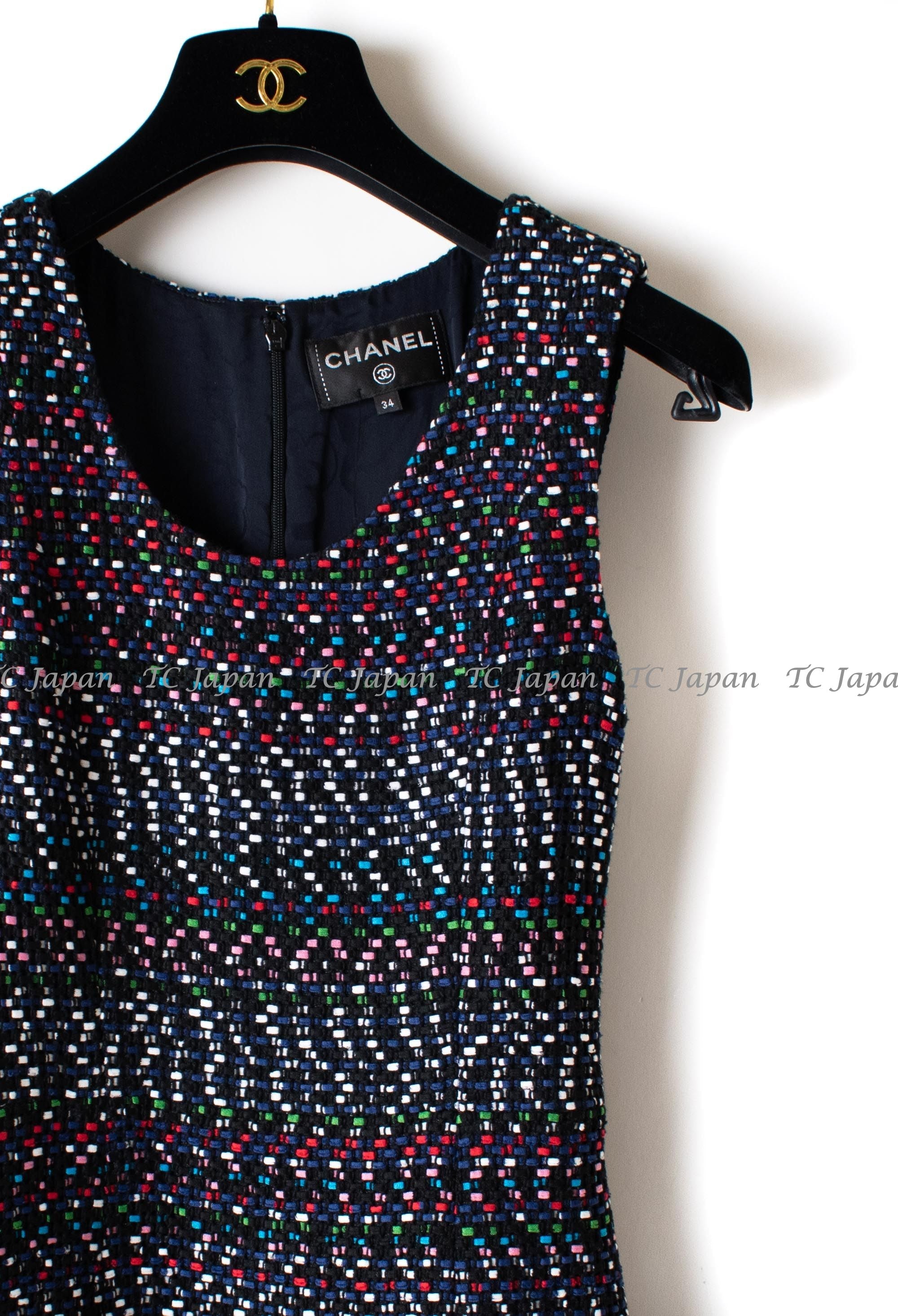 CHANEL 17PS Black Navy Multicolor Cotton Dress 34 シャネル ブラック ネイビー マルチカラー コットン ワンピース キャサリン妃 即発