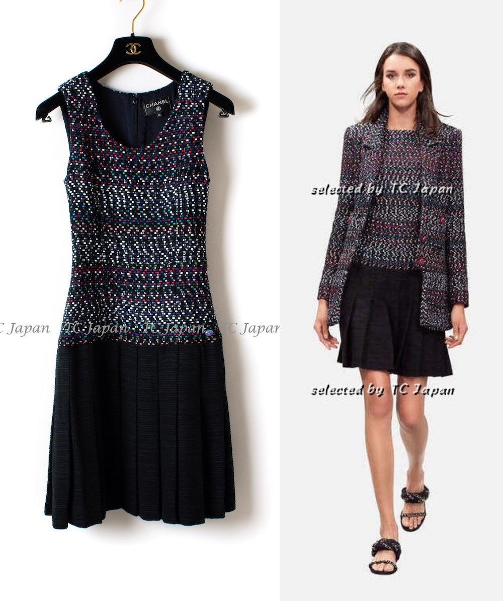CHANEL 17PS Black Navy Multicolor Cotton Dress 34 シャネル ブラック ネイビー マルチカラー コットン ワンピース キャサリン妃 即発