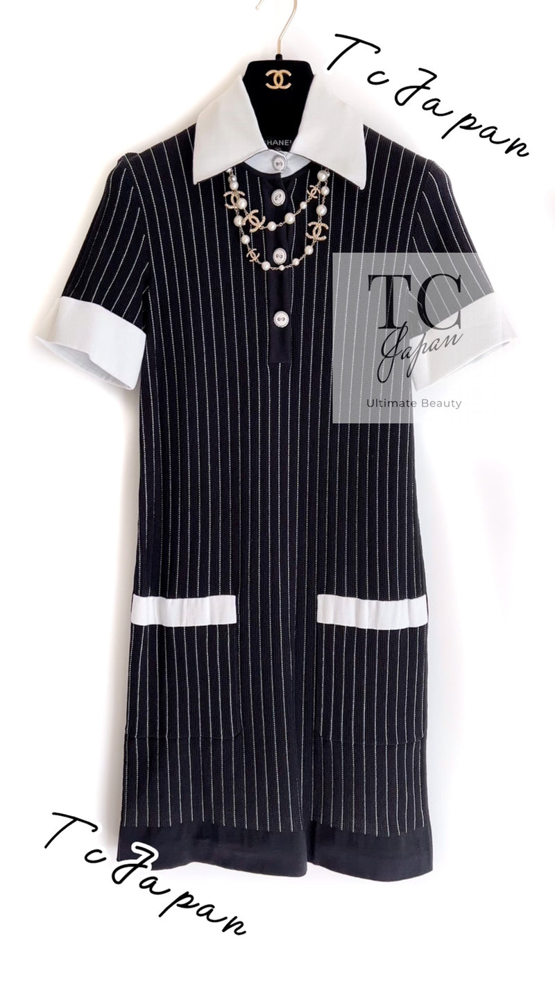 CHANEL 15S Black White Stripe Cotton Dress 34 シャネル ブラック ホワイト ストライプ コットン ワンピース 即発