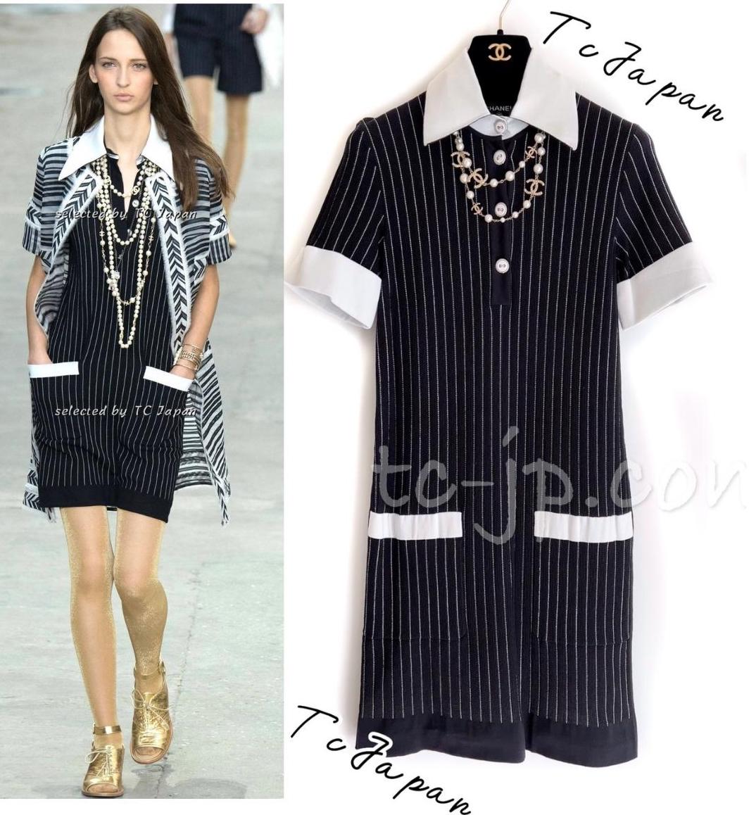 CHANEL 15S Black White Stripe Cotton Dress 34 シャネル ブラック ホワイト ストライプ コットン ワンピース 即発