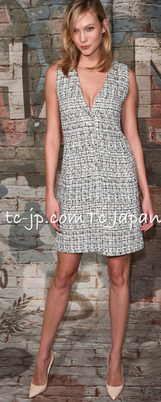 シャネル CHANEL ツイード ノースリーブ グリポア ボタン ワンピース