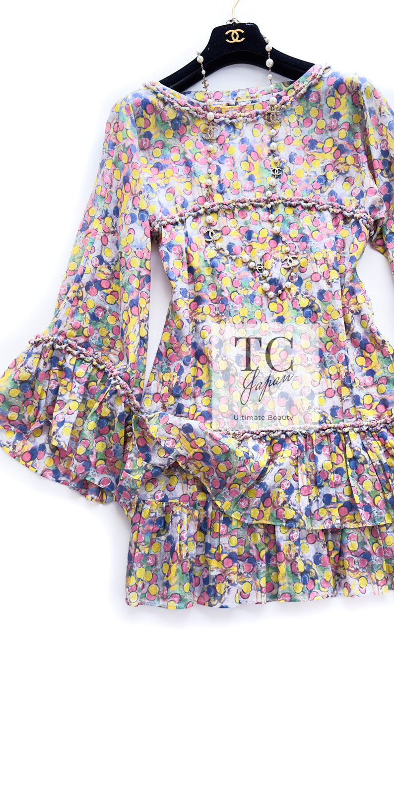 CHANEL 11C Yellow Multi Polka Dot Cotton Tunic Mini Dress 34 シャネル イエロー マルチカラー 水玉 コットン チュニック ミニ ワンピース 即発