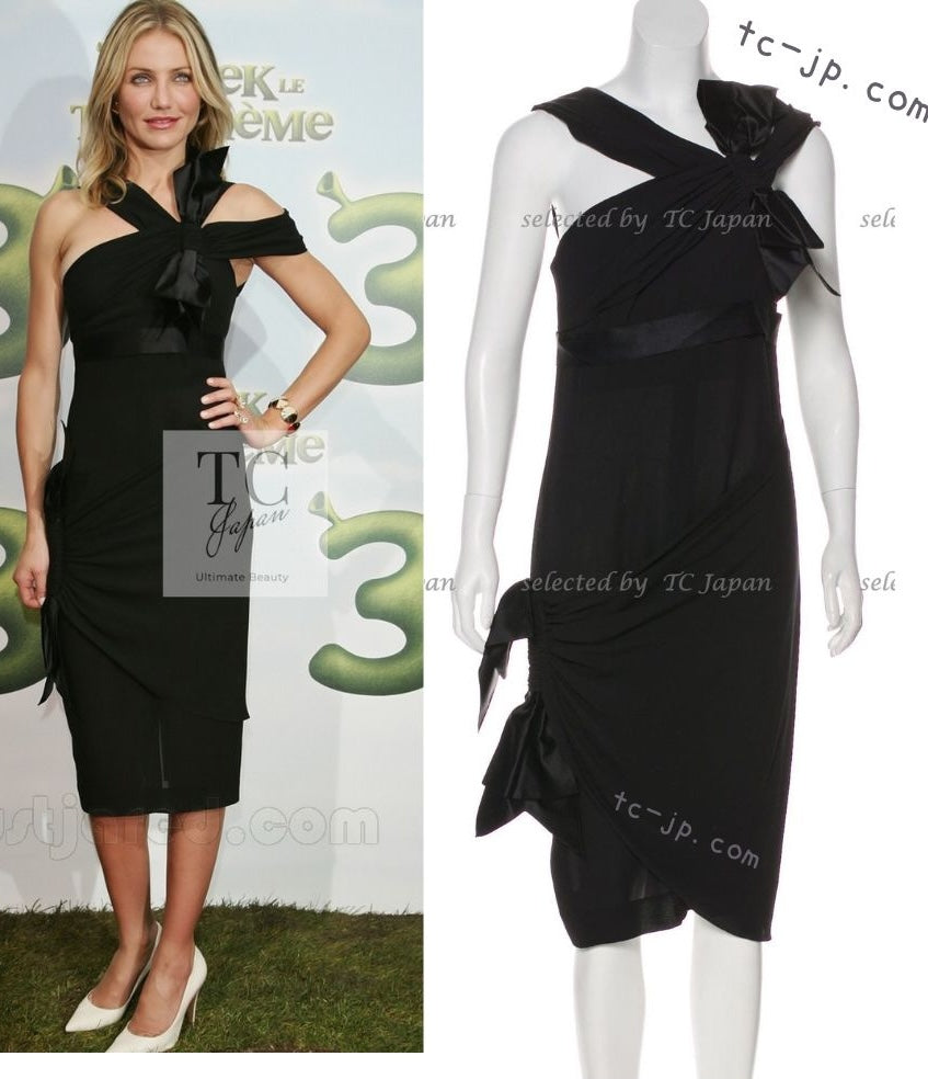 CHANEL 07A Cameron Diaz Ribbon Trim Black Silk Cocktail Dress 34 シャネル キャメロンディアス着 リボン飾り ブラック シルク カクテル ドレス ワンピース 即発