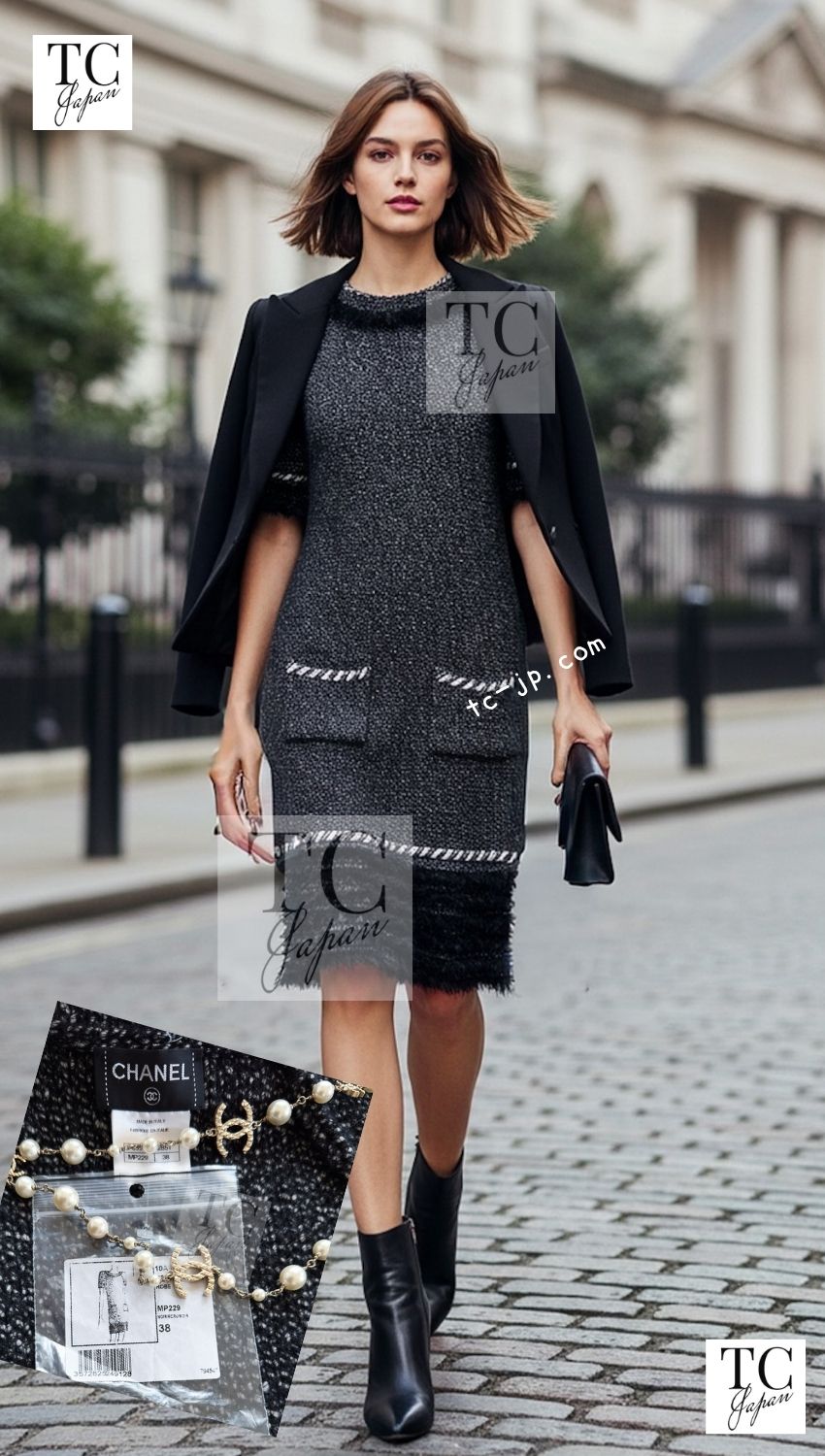 シャネル ワンピース CHANEL 10A ブラック トリム カシミヤ ウール