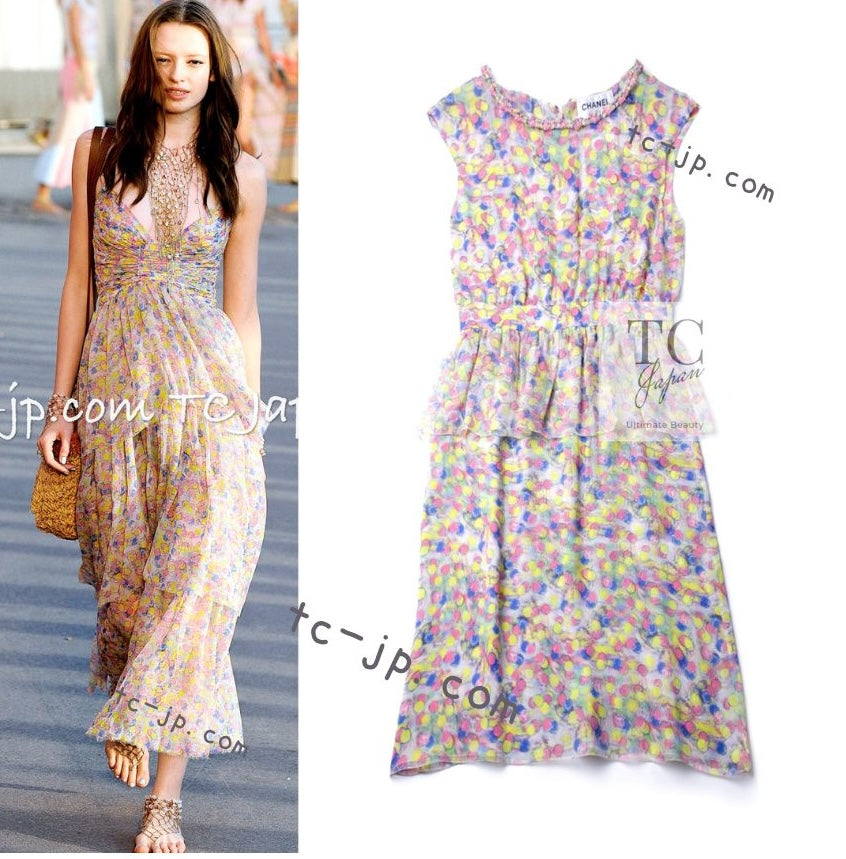 CHANEL 11C Yellow Pink Blue Pretty CC Mark Silk Dress 34 42 シャネル イエロー ピンク ブルー 水玉 ココマーク シルク ワンピース 即発