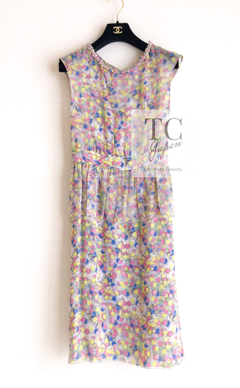 CHANEL 11C Yellow Pink Blue Pretty CC Mark Silk Dress 34 42 シャネル イエロー ピンク ブルー 水玉 ココマーク シルク ワンピース 即発