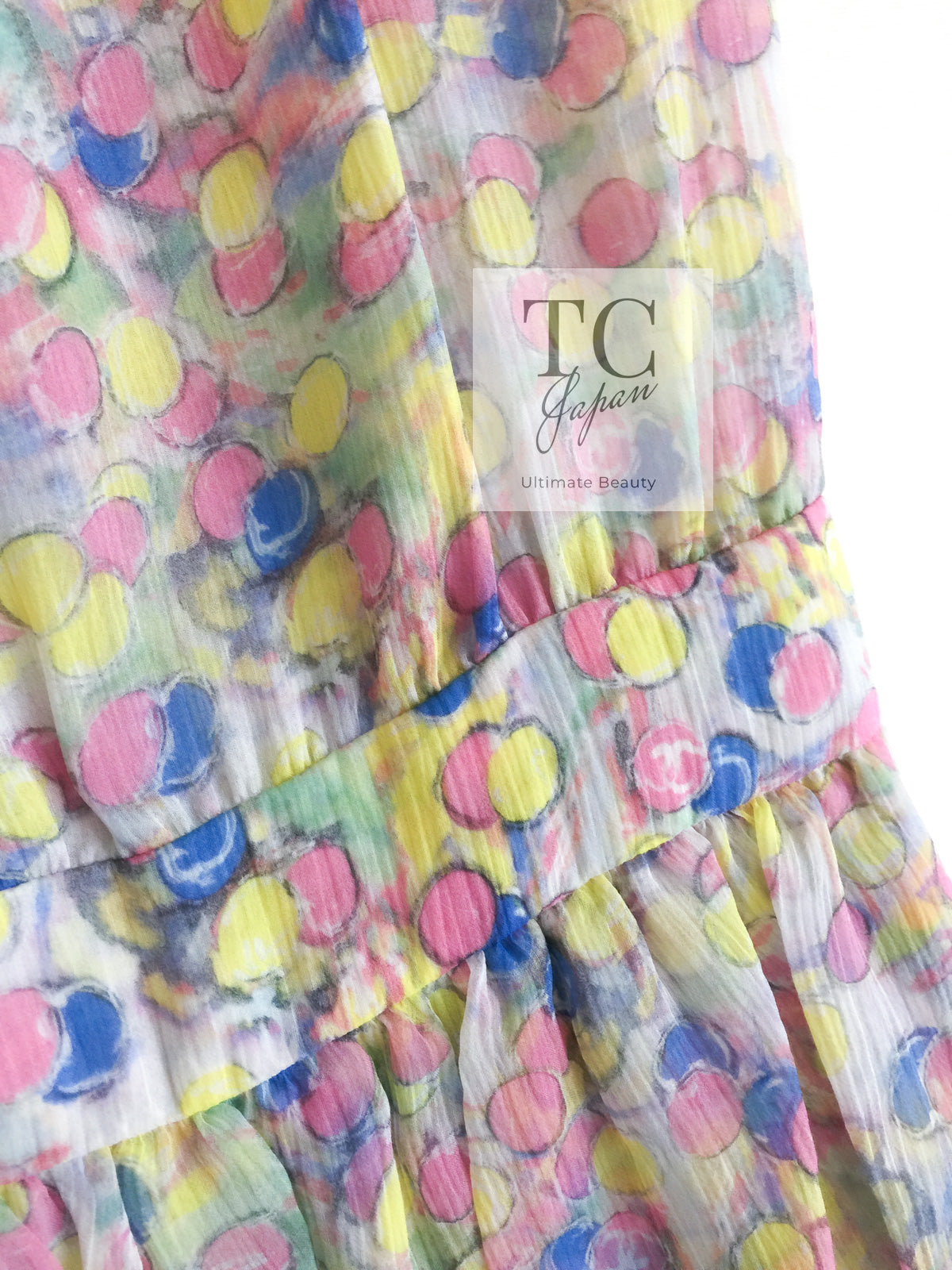 CHANEL 11C Yellow Pink Blue Pretty CC Mark Silk Dress 34 42 シャネル イエロー ピンク ブルー 水玉 ココマーク シルク ワンピース 即発