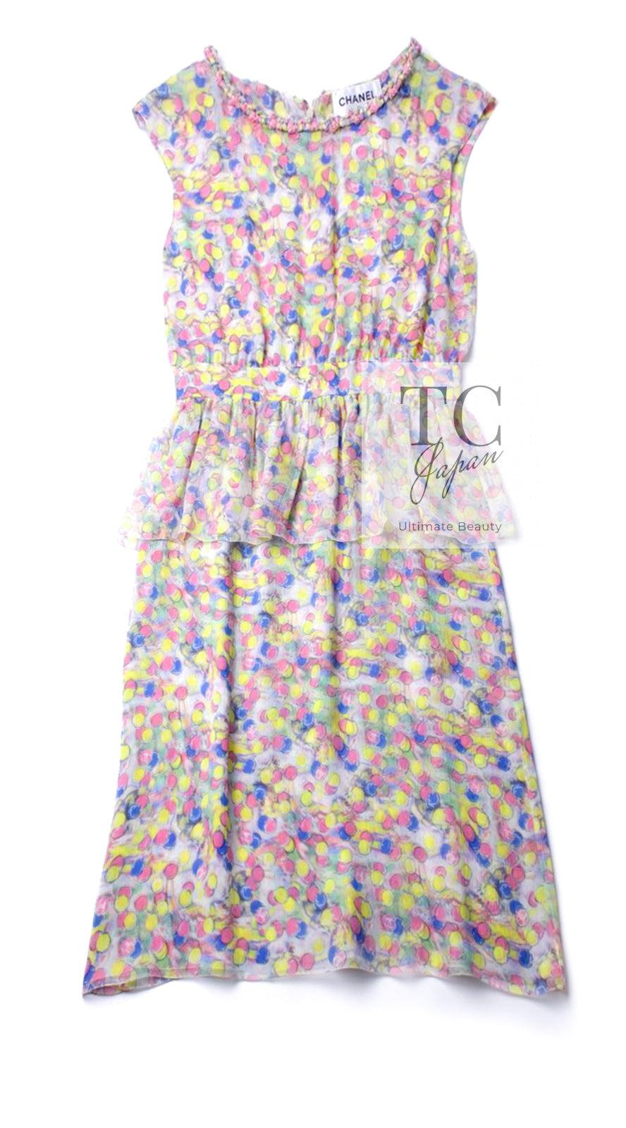 CHANEL 11C Yellow Pink Blue Pretty CC Mark Silk Dress 34 42 シャネル イエロー ピンク ブルー 水玉 ココマーク シルク ワンピース 即発 - TC JAPAN