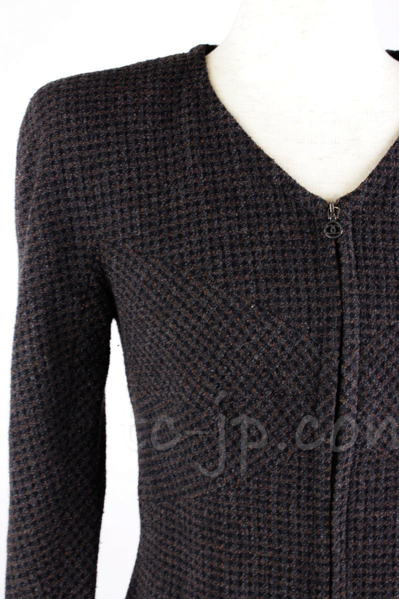 CHANEL 97A Vintage Dark Gray CC Zipper Wool Tweed Dress 40 42 シャネル ヴィンテージ ダークグレー CC ジッパー スタイル抜群 ウール ワンピース 即発