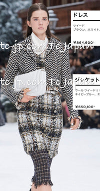 CHANEL 19A Navy Ivory Mix Tweed Cropped Fringe Jacket 38 シャネル アイボリー・ネイビー・シェベロン・クロップド・フリンジ・ミックス・ツイード・ジャケット