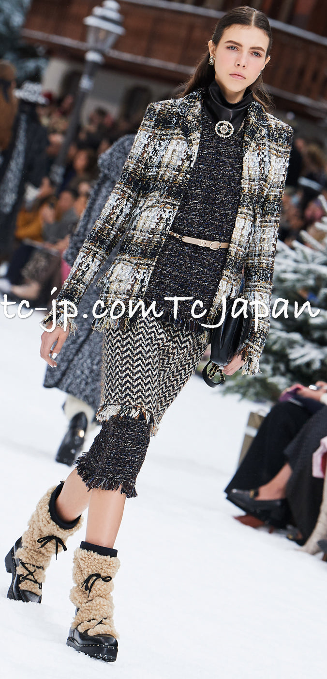 CHANEL 19A Navy Ivory Mix Tweed Cropped Fringe Jacket 38 シャネル アイボリー ネイビー シェベロン クロップド フリンジ ミックス ツイード ジャケット 即発