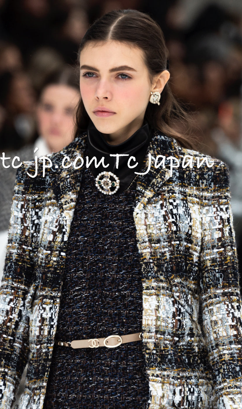 CHANEL 19A Navy Ivory Mix Tweed Cropped Fringe Jacket 38 シャネル アイボリー ネイビー シェベロン クロップド フリンジ ミックス ツイード ジャケット 即発