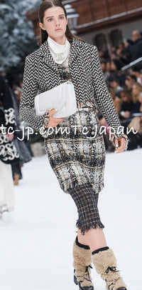 CHANEL 19A Navy Ivory Mix Tweed Cropped Fringe Jacket 38 シャネル アイボリー・ネイビー・シェベロン・クロップド・フリンジ・ミックス・ツイード・ジャケット