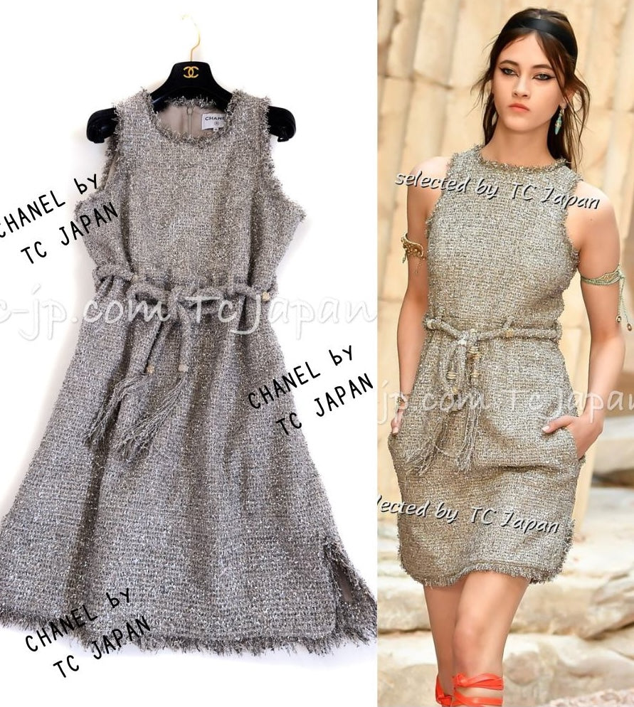 CHANEL 18C Gray Silver Metallic Fringe Trim Cotton Dress 38 44 シャネル グレー シルバー メタリック フリンジ トリミング コットン ワンピース 即発