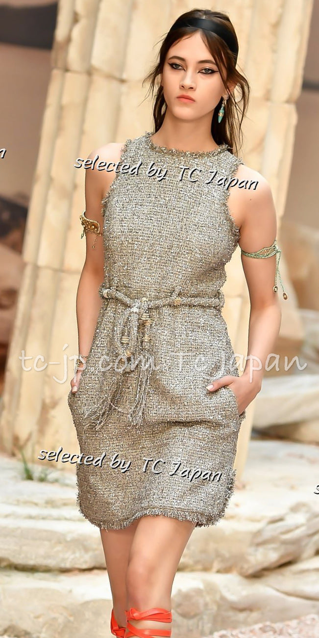 CHANEL 18C Gray Silver Metallic Fringe Trim Cotton Dress 38 44 シャネル グレー シルバー メタリック フリンジ トリミング コットン ワンピース 即発