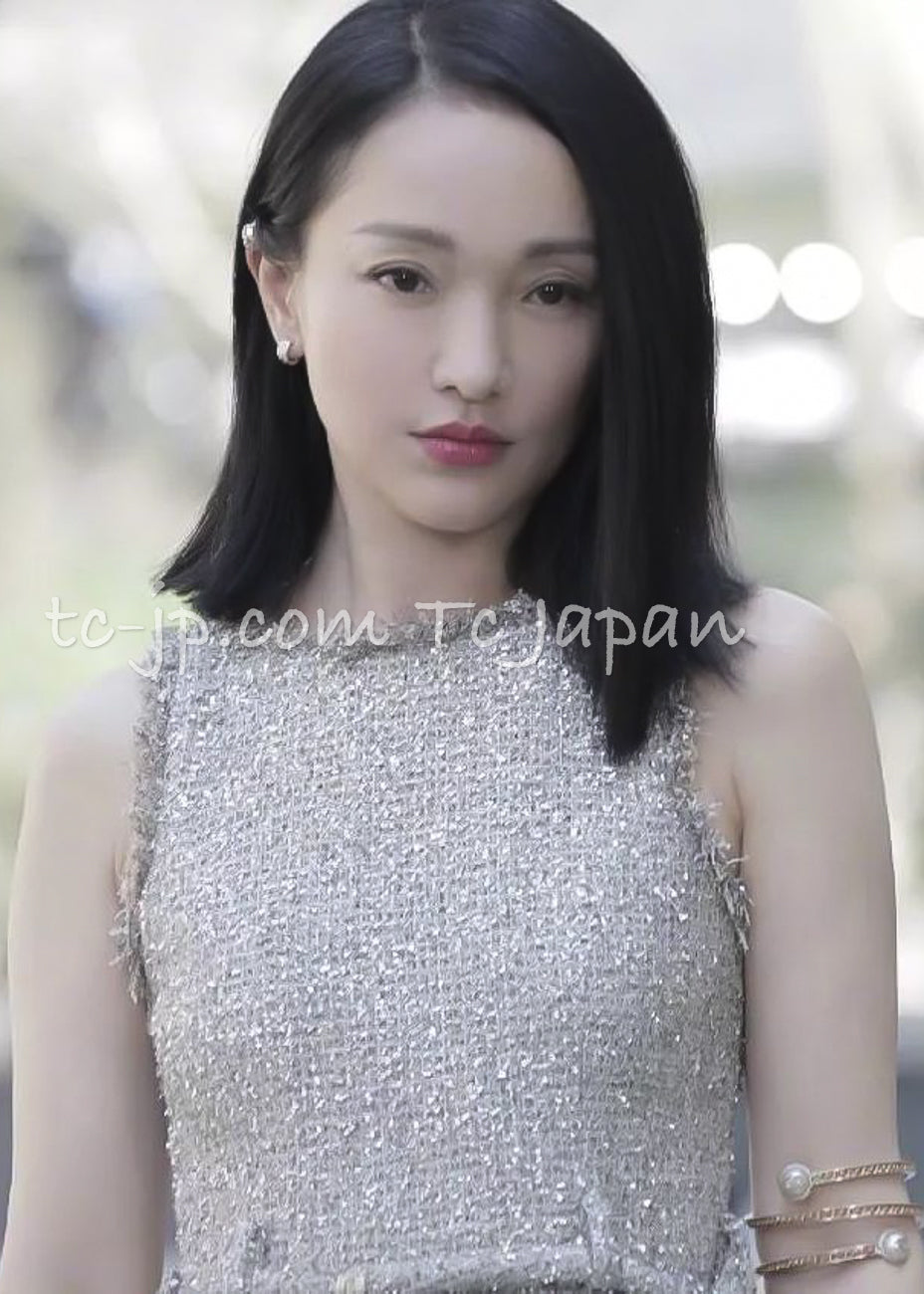 CHANEL 18C Gray Silver Metallic Fringe Trim Cotton Dress 38 44 シャネル グレー シルバー メタリック フリンジ トリミング コットン ワンピース 即発