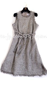 CHANEL 18C Gray Silver Metallic Fringe Trim Cotton Dress 38 44 シャネル グレー シルバー メタリック フリンジ トリミング コットン ワンピース 即発