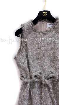 CHANEL 18C Gray Silver Metallic Fringe Trim Cotton Dress 38 44 シャネル グレー シルバー メタリック フリンジ トリミング コットン ワンピース 即発