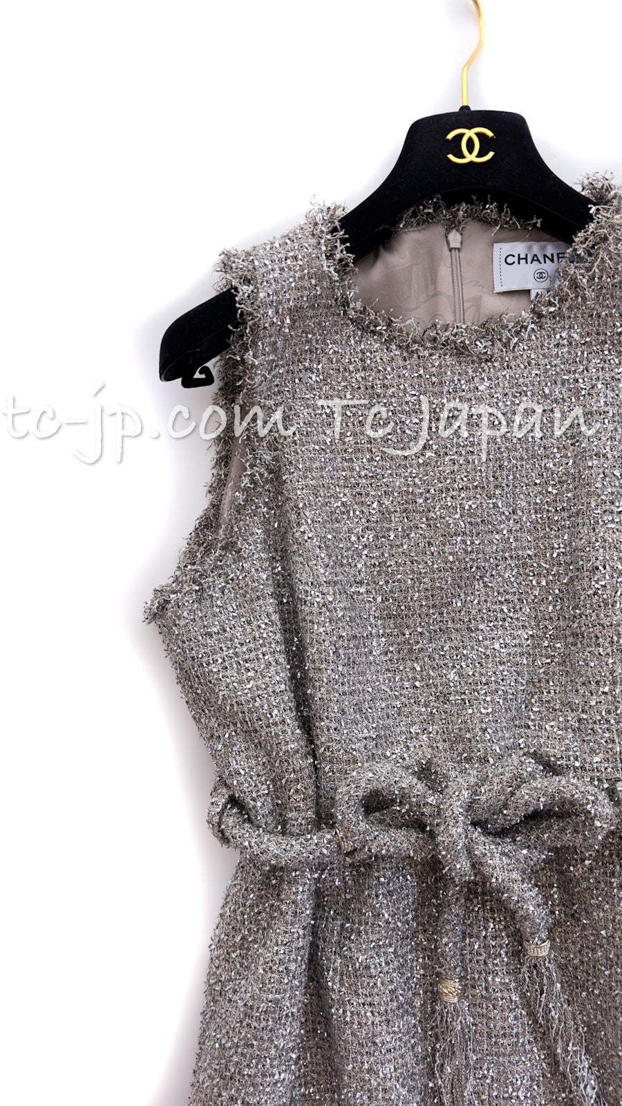 CHANEL 18C Gray Silver Metallic Fringe Trim Cotton Dress 38 44 シャネル グレー シルバー メタリック フリンジ トリミング コットン ワンピース 即発