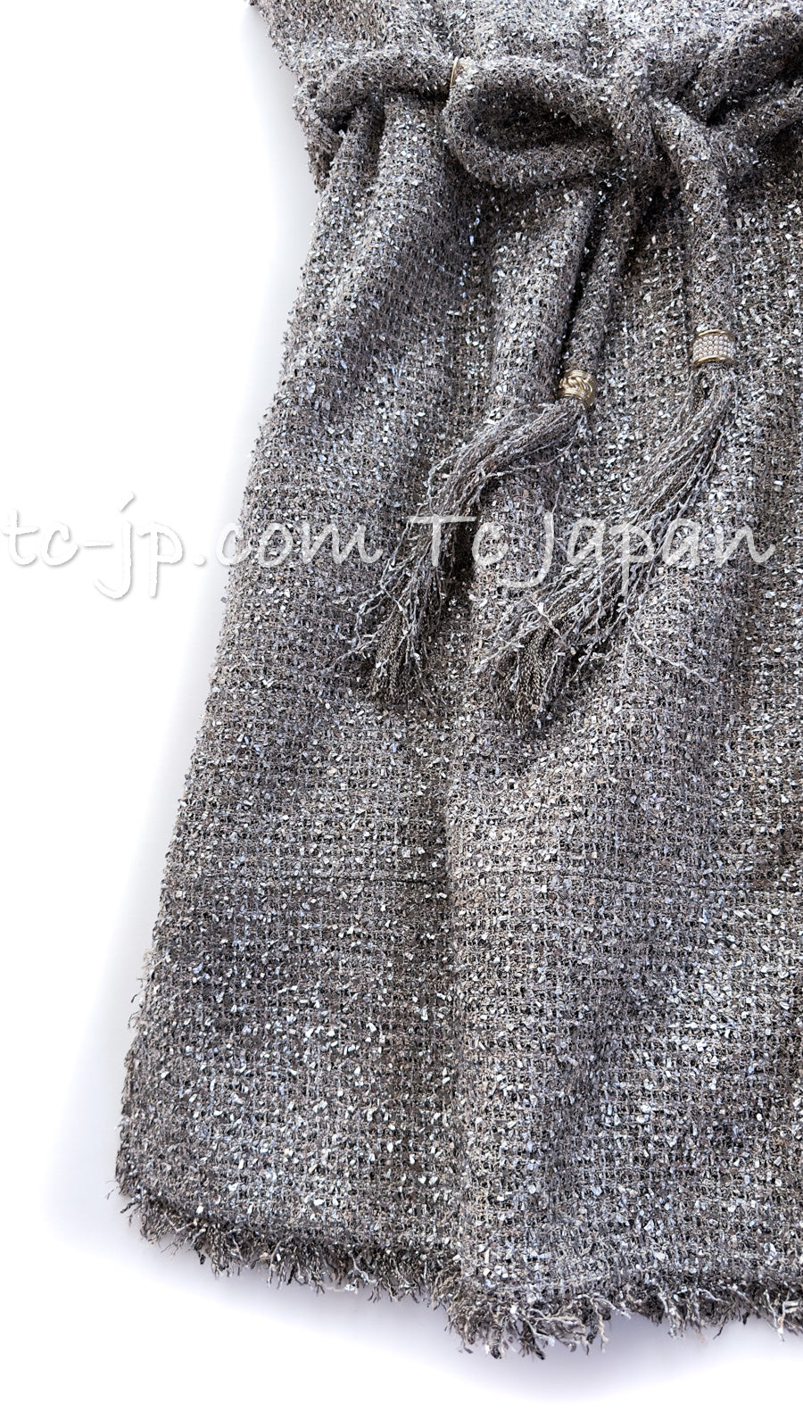 CHANEL 18C Gray Silver Metallic Fringe Trim Cotton Dress 38 44 シャネル グレー シルバー メタリック フリンジ トリミング コットン ワンピース 即発