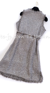 CHANEL 18C Gray Silver Metallic Fringe Trim Cotton Dress 38 44 シャネル グレー シルバー メタリック フリンジ トリミング コットン ワンピース 即発