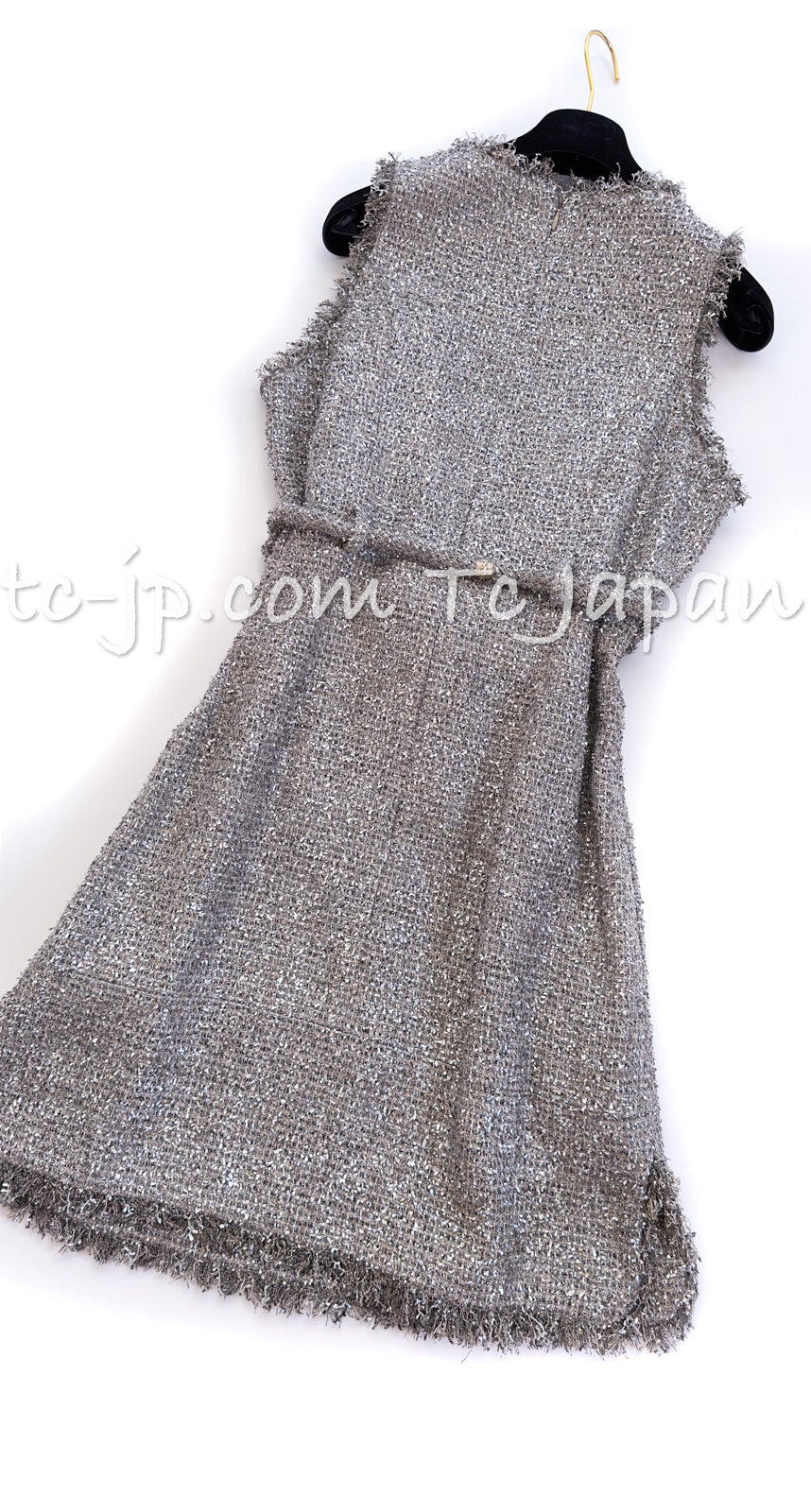 CHANEL 18C Gray Silver Metallic Fringe Trim Cotton Dress 38 44 シャネル グレー シルバー メタリック フリンジ トリミング コットン ワンピース 即発