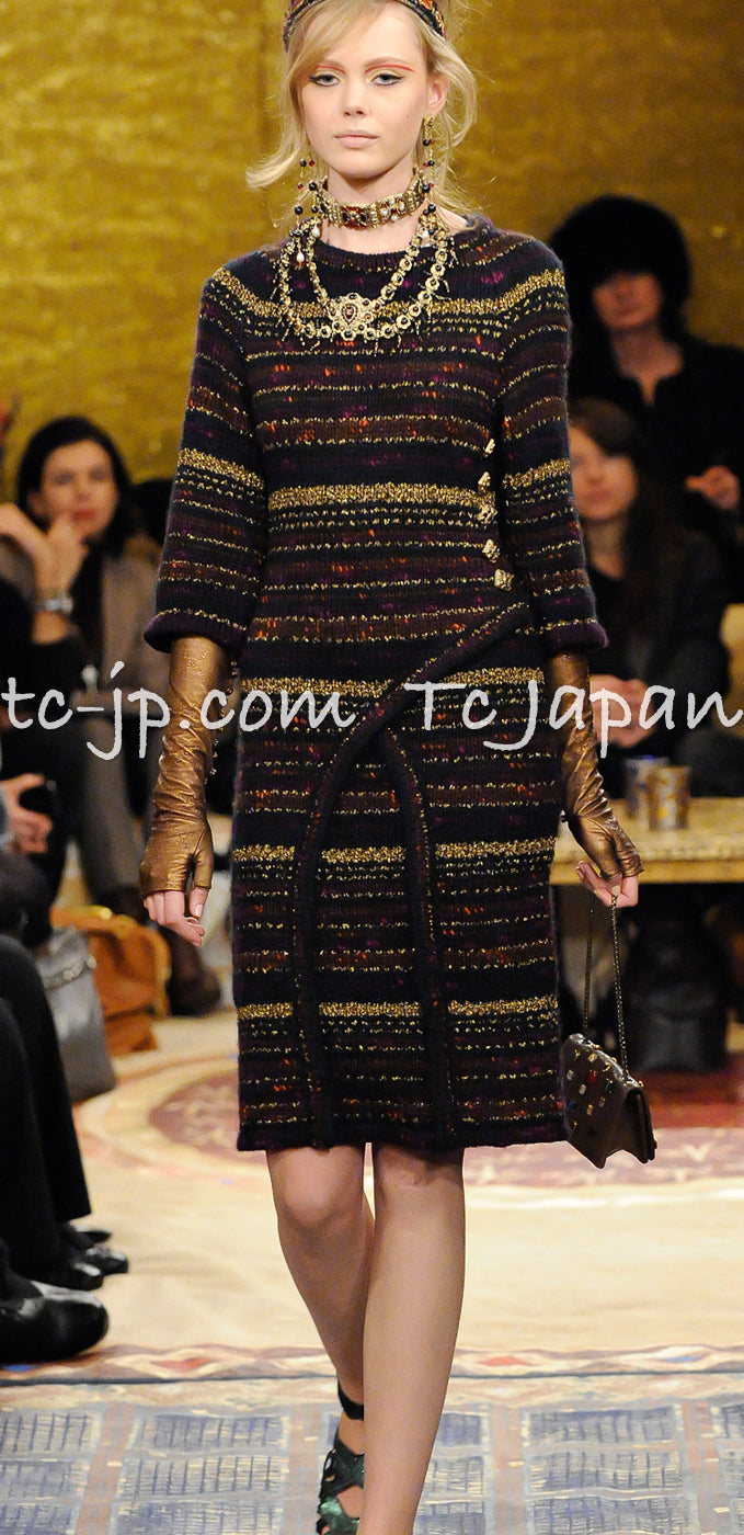 CHANEL 11PF Multi Striped Gripoix Buttons Wool Cashmere Knit Dress 34 シャネル  マルチ ストライプ ウール カシミア グリポア宝石ボタン ニット ワンピース 即発