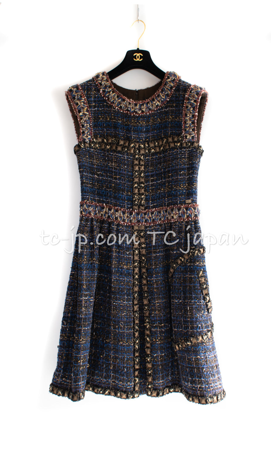 シャネル ネイビー ブルー ブレイドトリム ツイード ワンピース CHANEL  