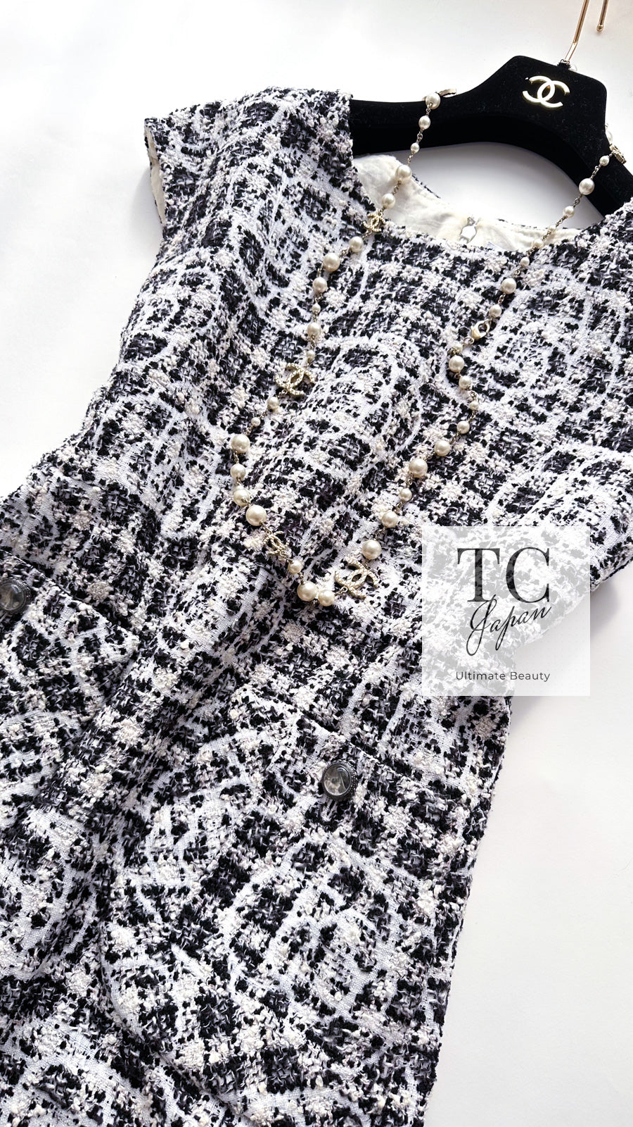 CHANEL 14S White Black Camellia Gripox Button Tweed Dress 34 シャネル ホワイト ブラック グレー カメリア グリポワ宝石ボタン ツイード ワンピース 即発