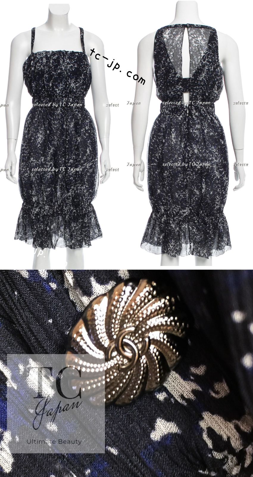 CHANEL 12S Navy Blue Silk Chiffon Dress 40 シャネル ネイビー ブルー 濃紺 シルク シフォン ワンピース 即発