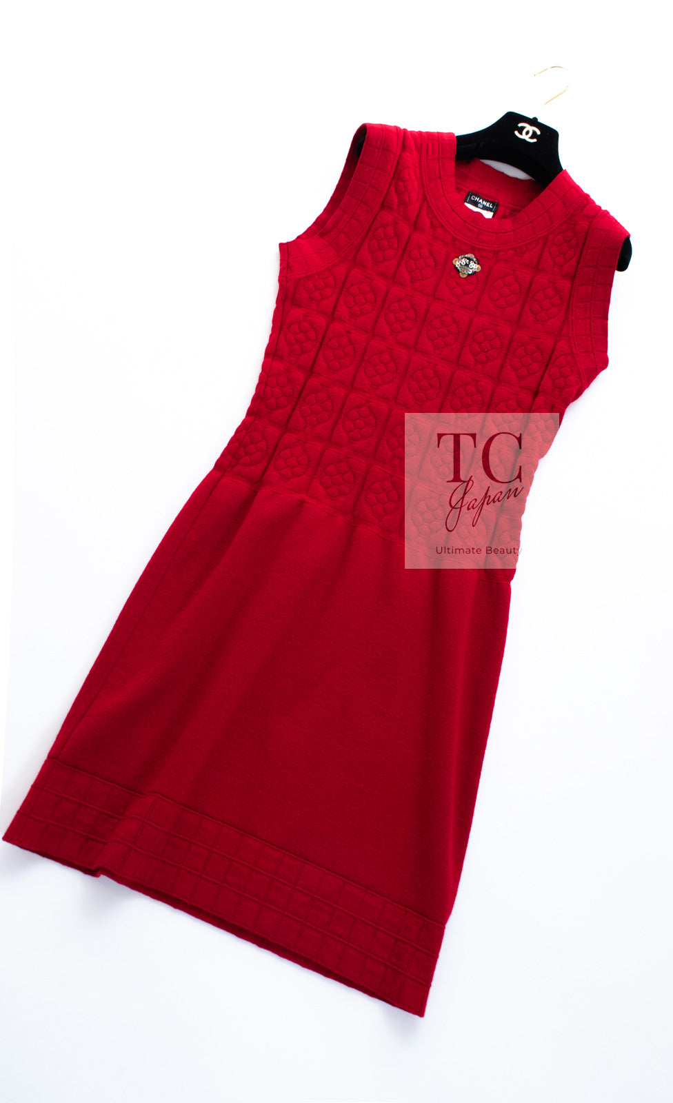 CHANEL 10PF Red Wool Cashmere Camellia Knit Dress 36 38 シャネル レッド ウール カシミヤ ニット ワンピース 即発