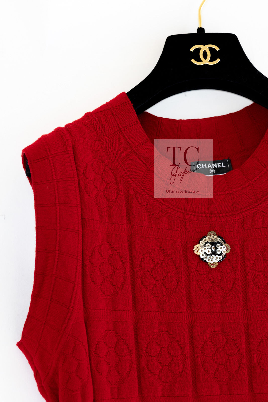 CHANEL 10PF Red Wool Cashmere Camellia Knit Dress 36 38 シャネル レッド ウール カシミヤ ニット ワンピース 即発