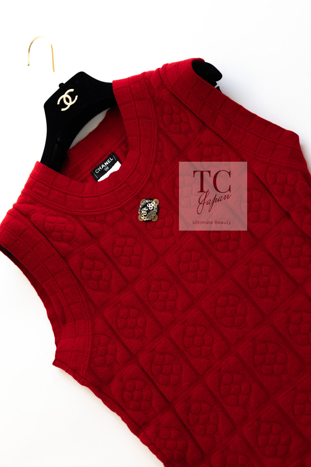 CHANEL 10PF Red Wool Cashmere Camellia Knit Dress 36 38 シャネル レッド ウール カシミヤ ニット ワンピース 即発