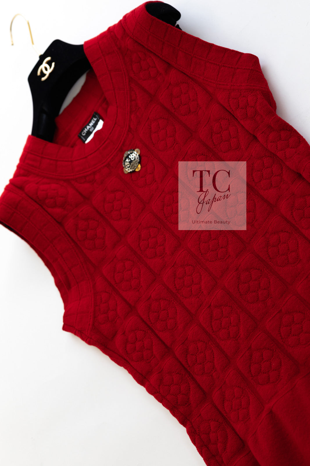 CHANEL 10PF Red Wool Cashmere Camellia Knit Dress 36 38 シャネル レッド ウール カシミヤ ニット ワンピース 即発