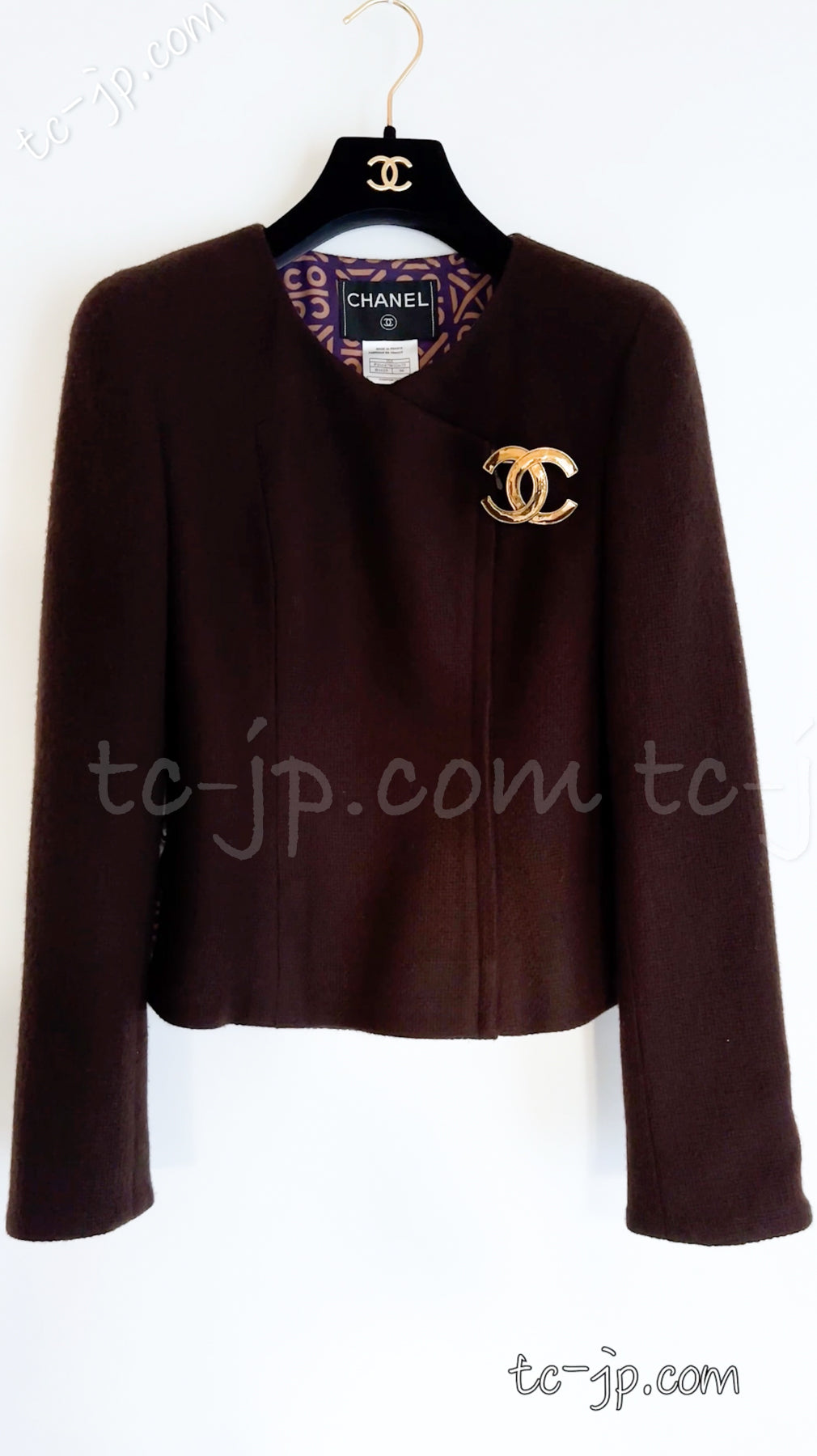 CHANEL 00A Brown Cashmere 100% Zipper Jacket Skirt Suit 38 シャネル ブラウン カシミア ジッパー ジャケット スカート スーツ 即発