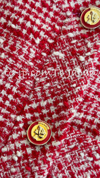 CHANEL 88S Vintage Red Ivory Mademoiselle Buttons Jacket Skirt Suit 36 38 シャネル ヴィンテージ レッド アイボリー マドモアゼル ボタン ツイード ジャケット スカート スーツ 即発