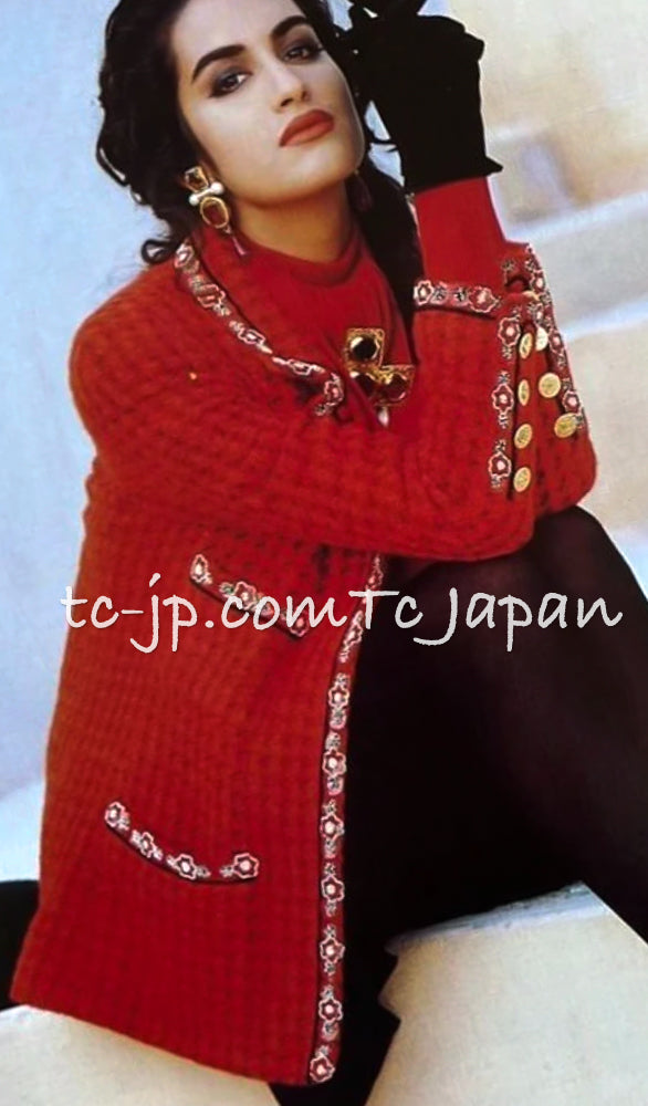 CHANEL 90A Vintage Campaign Ad Limited Red Beads Trim Tweed Jacket 42 44 シャネル ヴィンテージ レッド キャンペーン広告 限定品 ビーズトリム ウール ツイード ジャケット