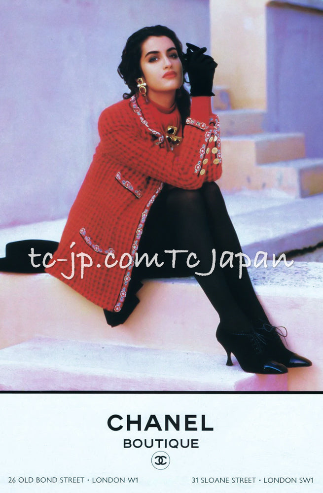 CHANEL 90A Vintage Campaign Ad Limited Red Beads Trim Tweed Jacket 42 44 シャネル ヴィンテージ レッド キャンペーン広告 限定品 ビーズトリム ウール ツイード ジャケット