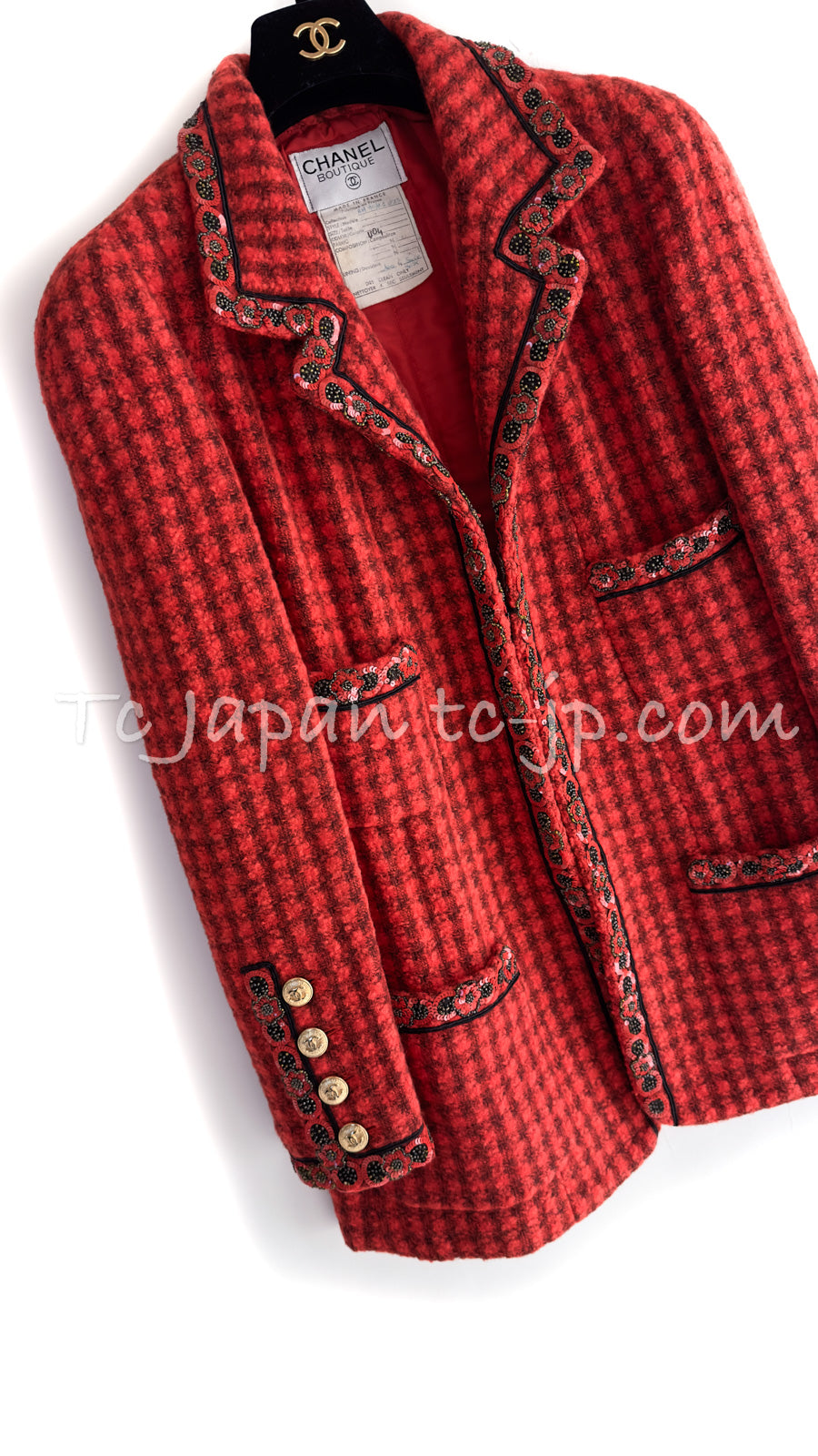 CHANEL 90A Vintage Campaign Ad Limited Red Beads Trim Tweed Jacket 42 44 シャネル ヴィンテージ レッド キャンペーン広告 限定品 ビーズトリム ウール ツイード ジャケット