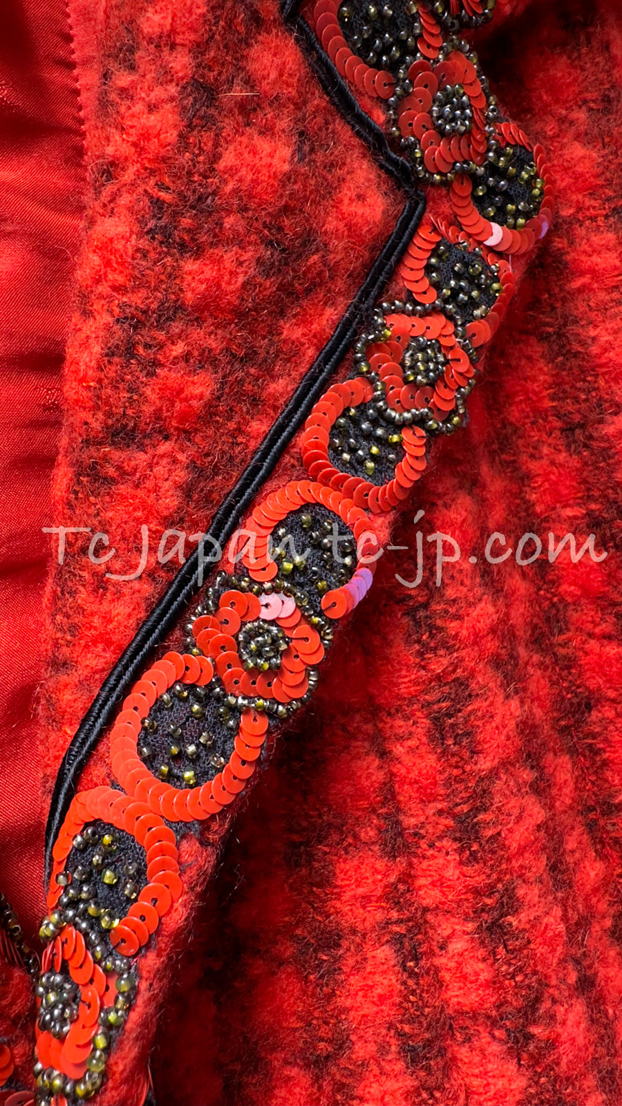 CHANEL 90A Vintage Campaign Ad Limited Red Beads Trim Tweed Jacket 42 44 シャネル ヴィンテージ レッド キャンペーン広告 限定品 ビーズトリム ウール ツイード ジャケット
