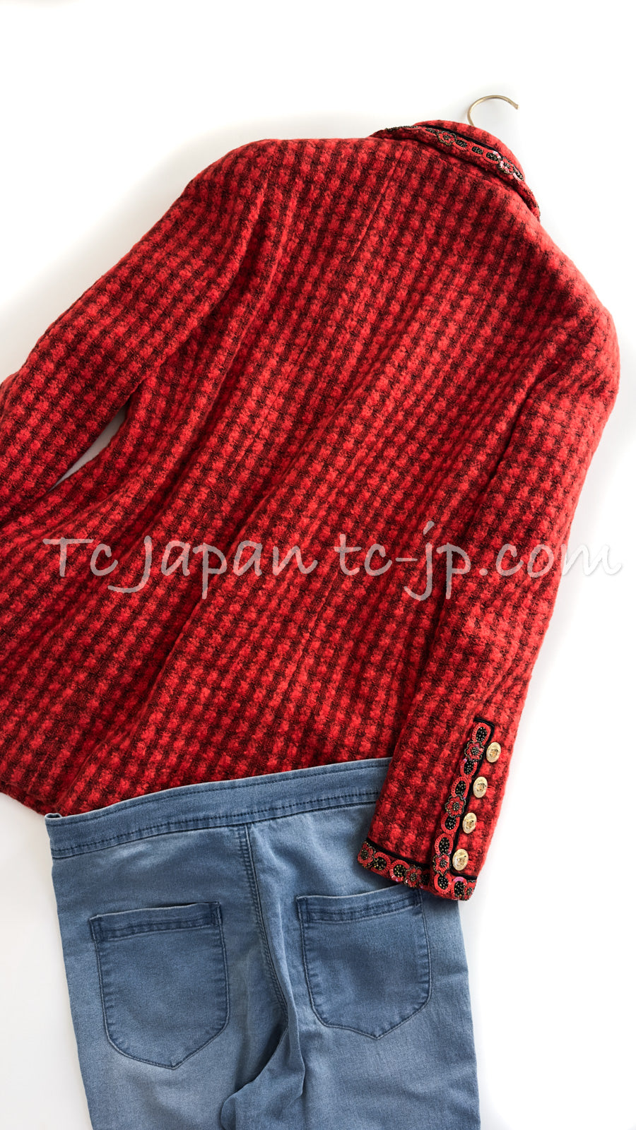 CHANEL 90A Vintage Campaign Ad Limited Red Beads Trim Tweed Jacket 42 44 シャネル ヴィンテージ レッド キャンペーン広告 限定品 ビーズトリム ウール ツイード ジャケット