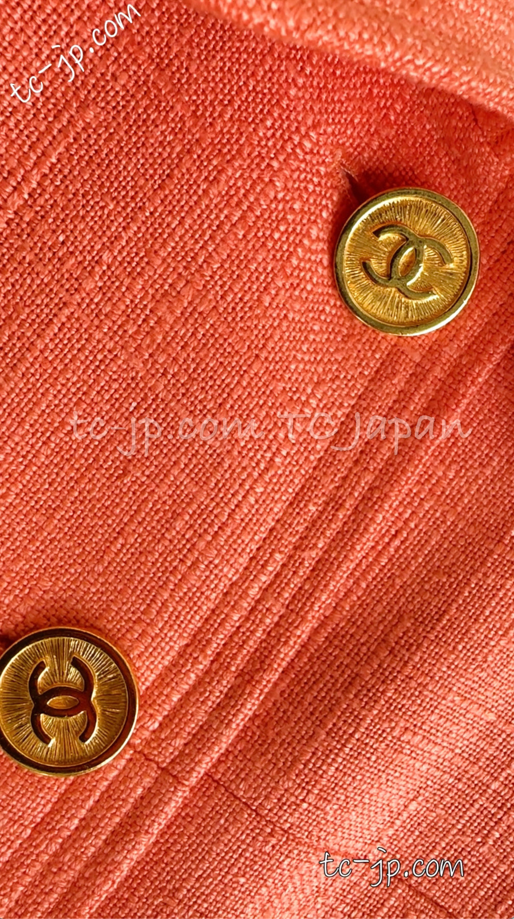 CHANEL 91C Vintage Apricot Gold Button Cotton Jacket Dress Setup 34 36 38 シャネル ヴィンテージ アプリコット CC ゴールド ボタン コットン ジャケット ワンピース セットアップ 即発