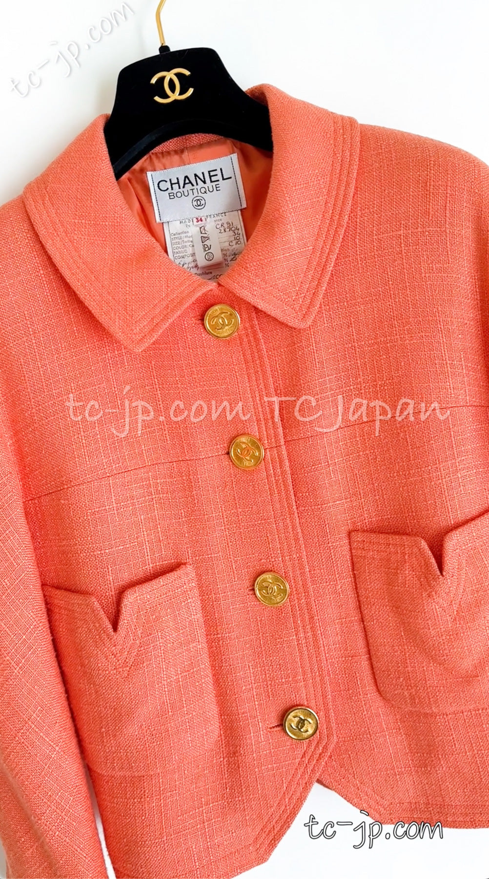 CHANEL 91C Vintage Apricot Gold Button Cotton Jacket Dress Setup 34 36 38 シャネル ヴィンテージ アプリコット CC ゴールド ボタン コットン ジャケット ワンピース セットアップ 即発