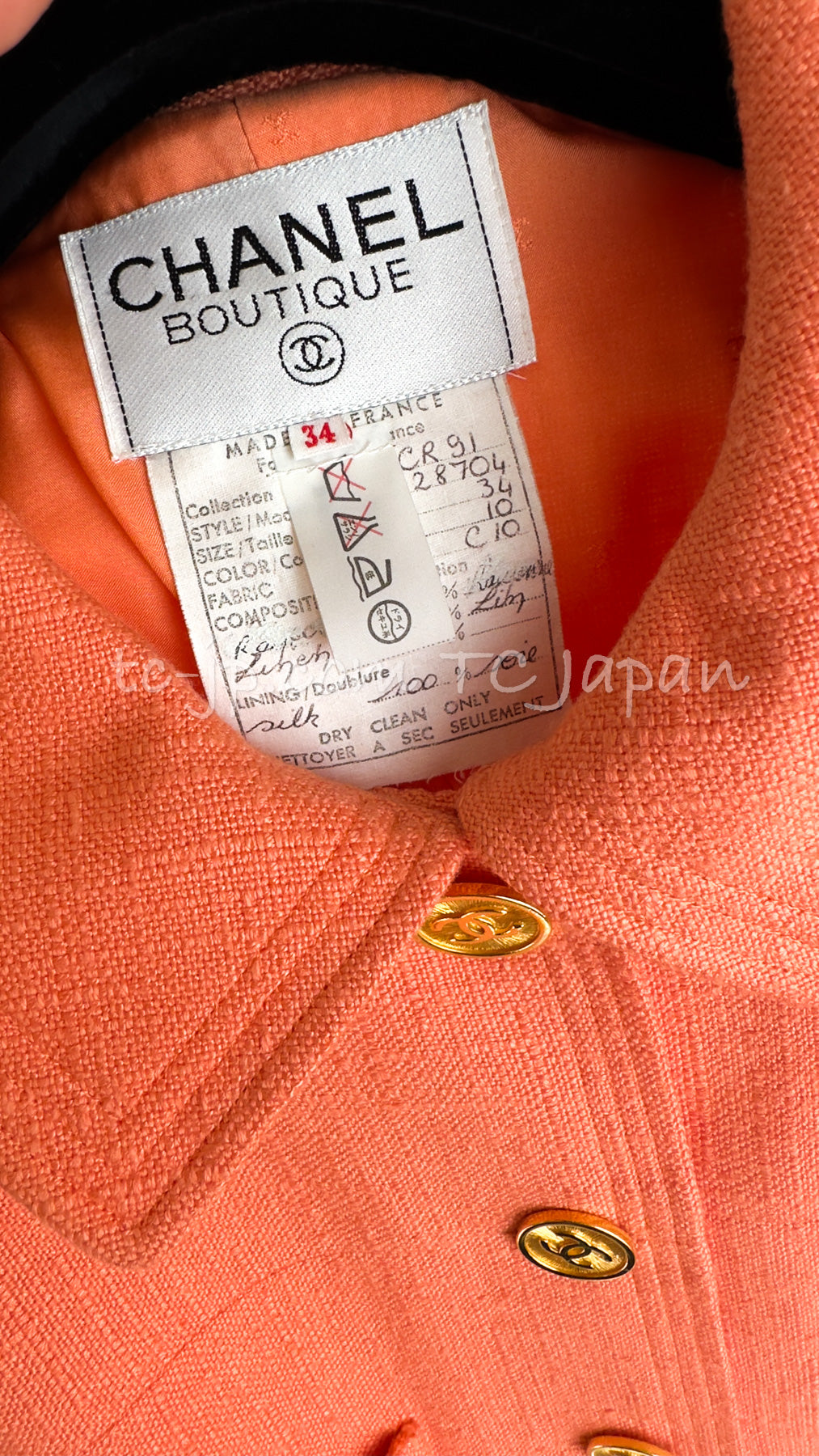CHANEL 91C Vintage Apricot Gold Button Cotton Jacket Dress Setup 34 36 38 シャネル ヴィンテージ アプリコット CC ゴールド ボタン コットン ジャケット ワンピース セットアップ 即発