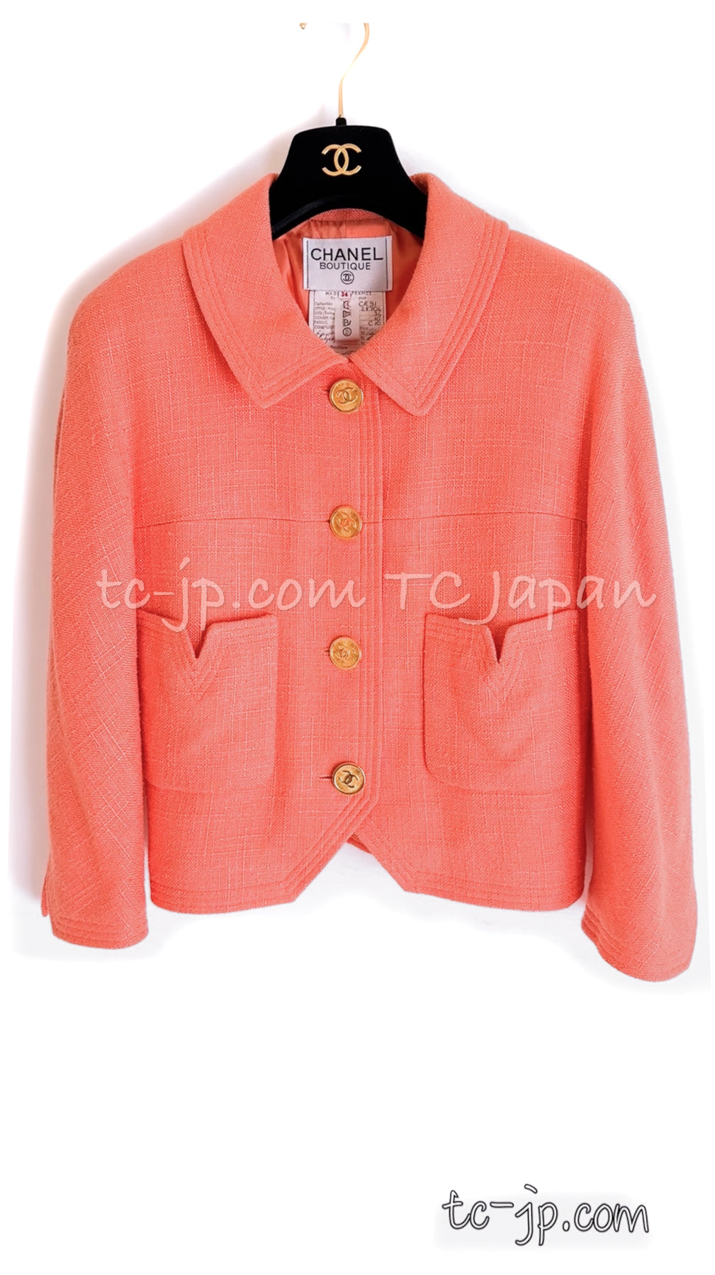 CHANEL 91C Vintage Apricot Gold Button Cotton Jacket Dress Setup 34 36 38 シャネル ヴィンテージ アプリコット CC ゴールド ボタン コットン ジャケット ワンピース セットアップ 即発
