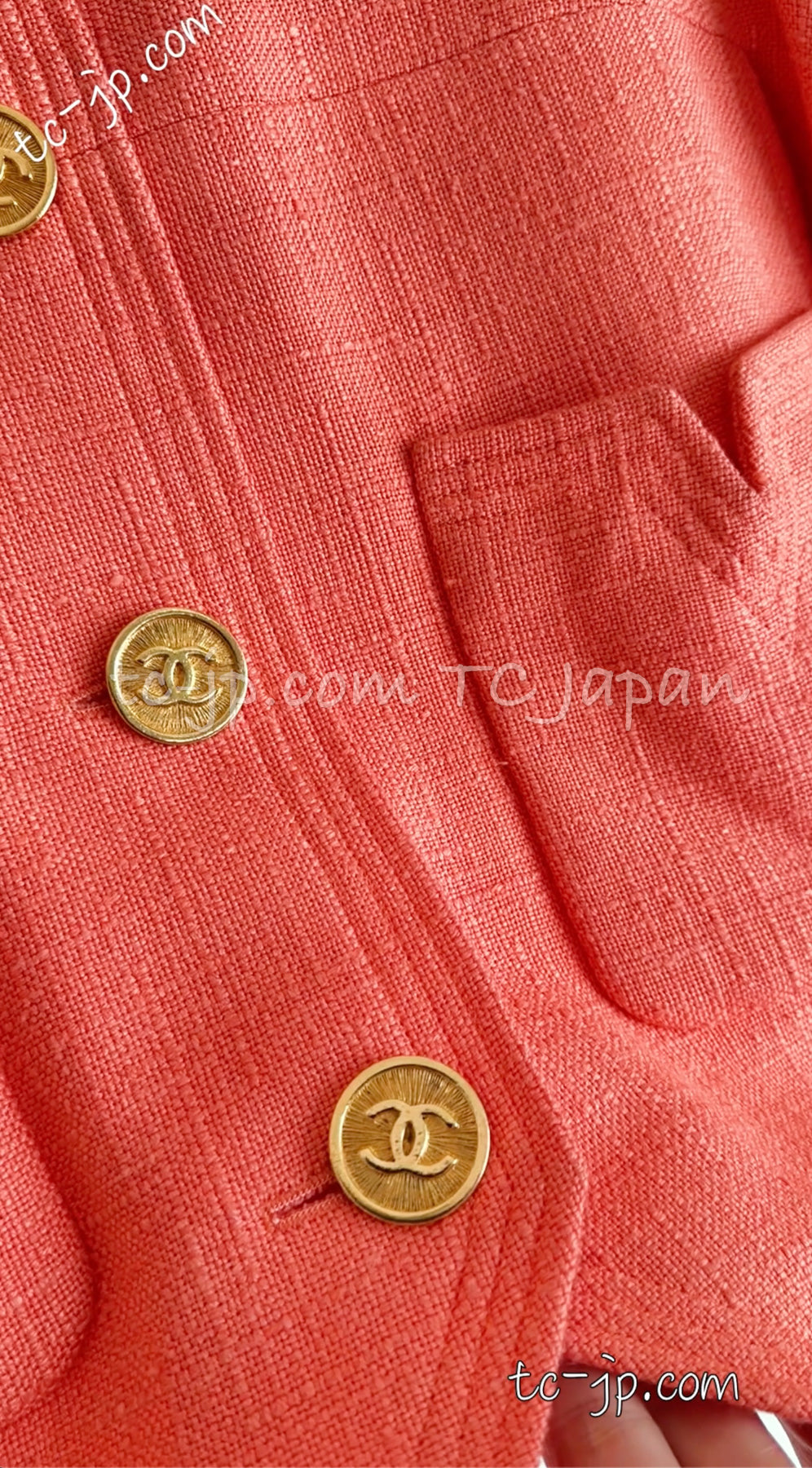 CHANEL 91C Vintage Apricot Gold Button Cotton Jacket Dress Setup 34 36 38 シャネル ヴィンテージ アプリコット CC ゴールド ボタン コットン ジャケット ワンピース セットアップ 即発